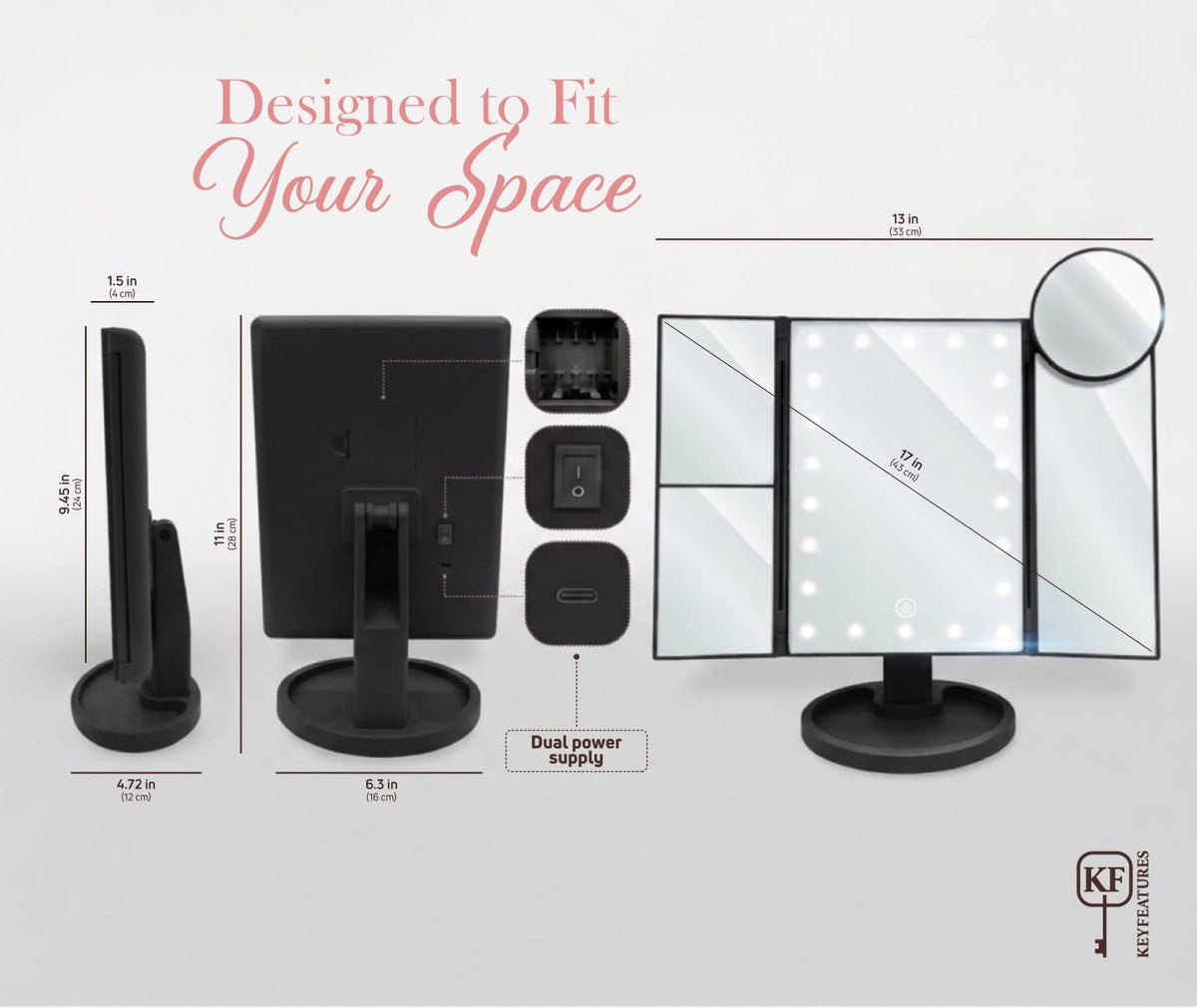 KEYFEATURES Lighted Makeup Mirror, Trifold Vanity Mirror with 22 LED Lights, 2x/3x/10x Magnification, Touch Dimming, USB