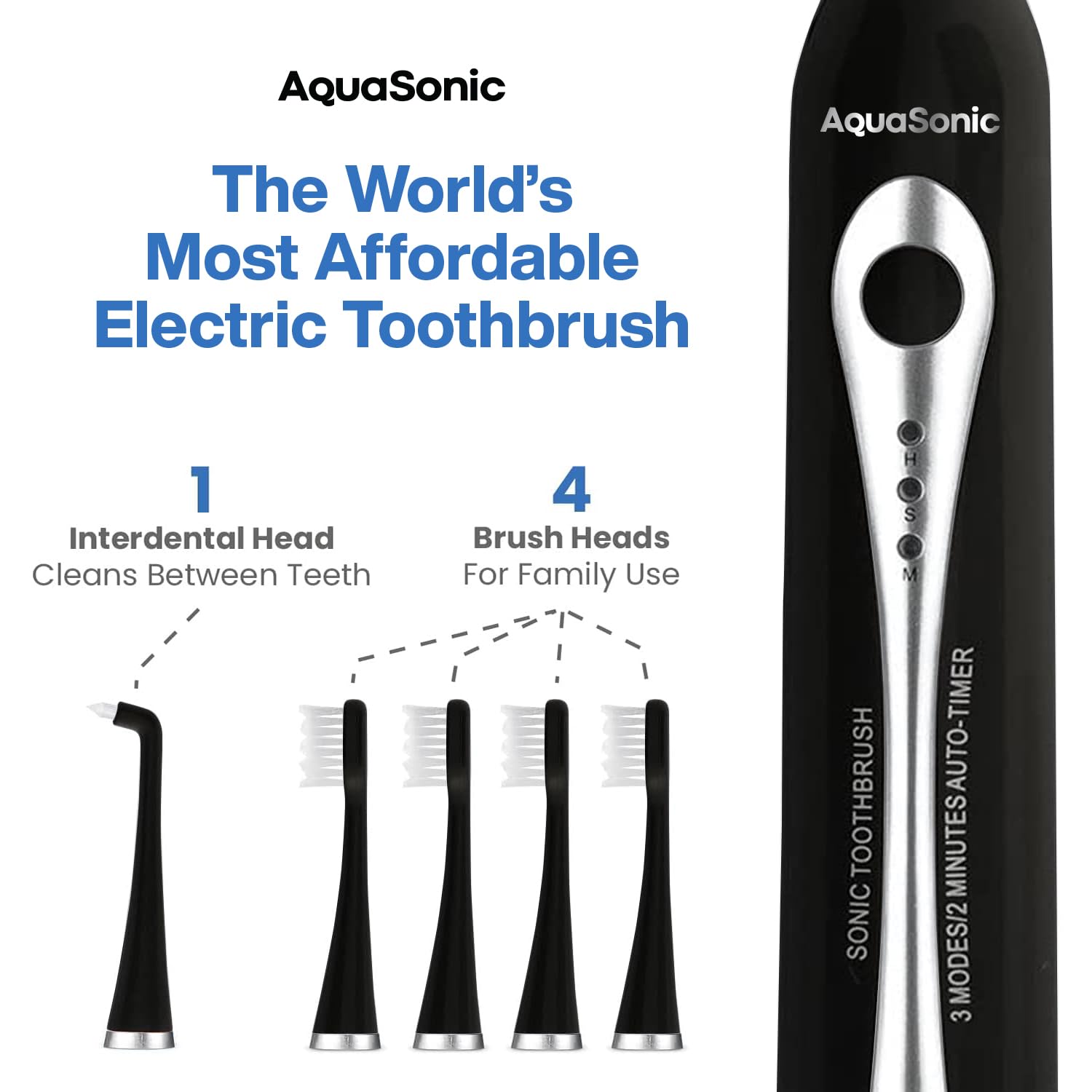 AquaSonic rechargeable oral irrigator with multiple attachments, black finish, featuring water flosser and toothbrush components.