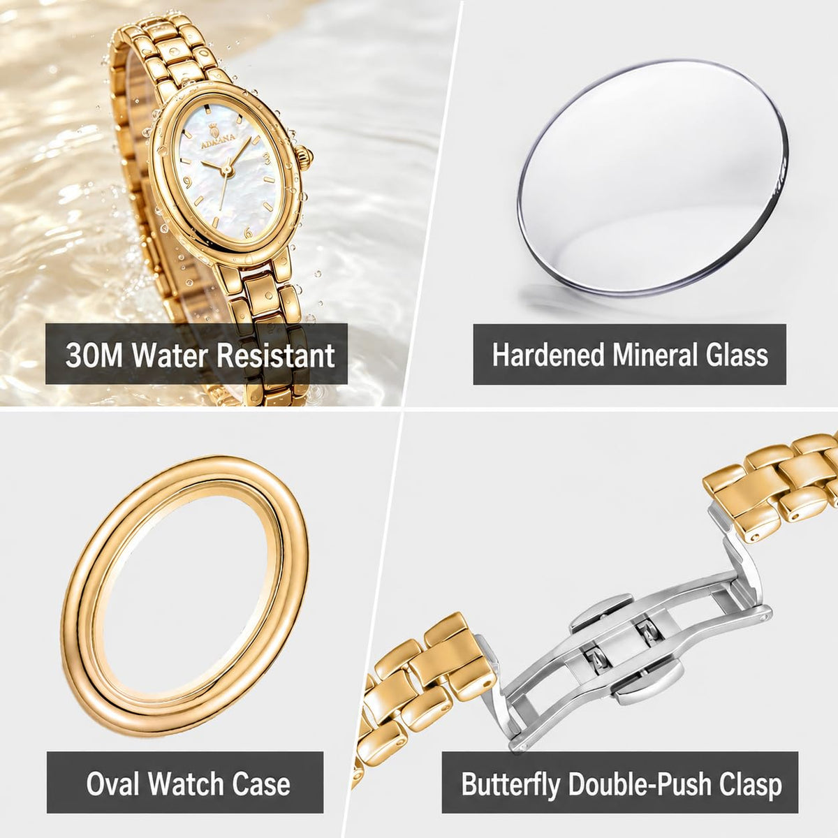 MASTOP Women’s Oval Bracelet Watch Stainless Steel Easy Read Dial – packaging and label