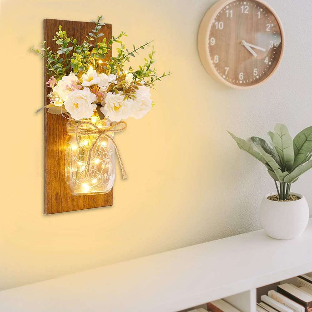 Homecor Rustic Wall Sconces Mason Jar Sconces Handmade Wall Art Hanging Design with Remote Control LED Fairy Lights and 