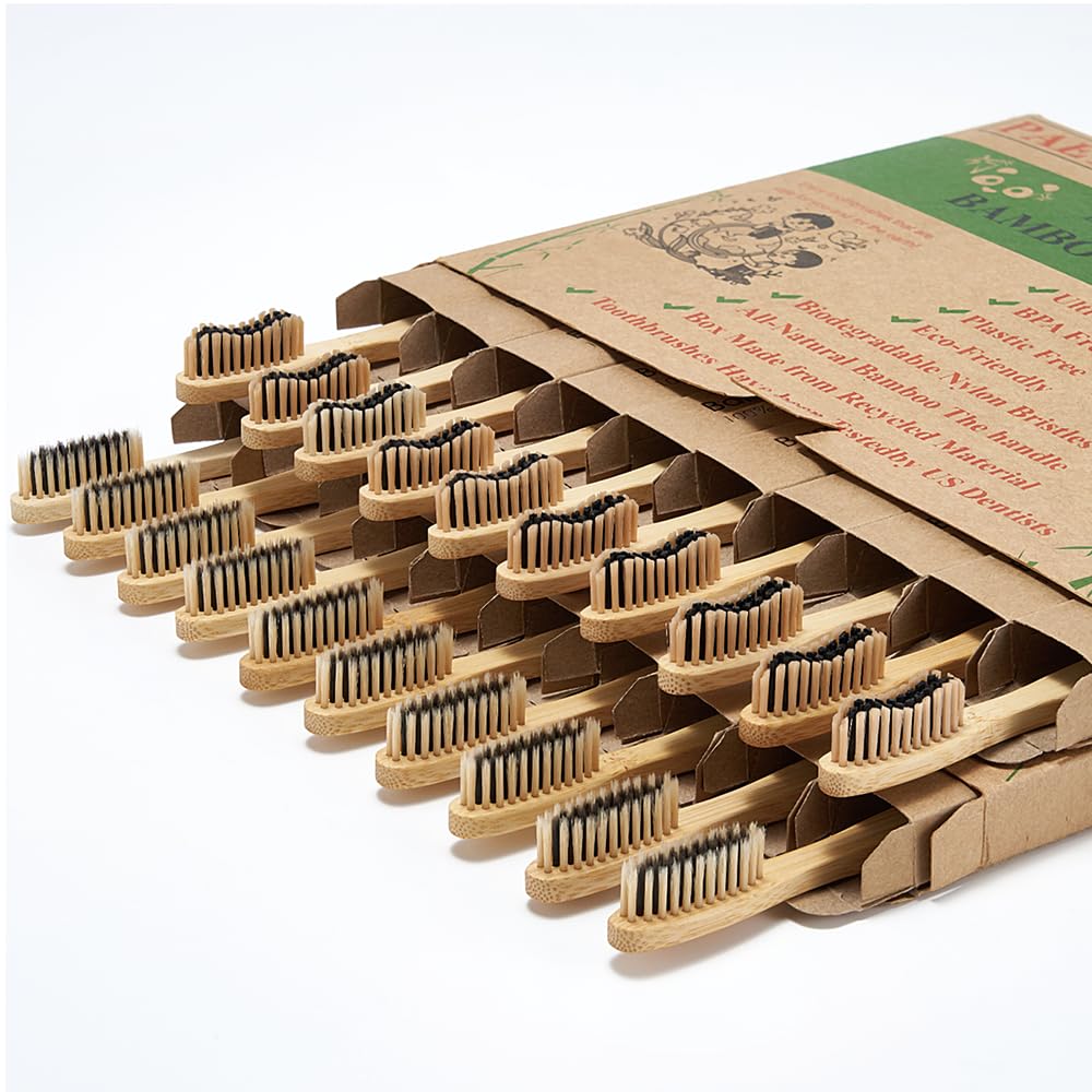 20 Count Bamboo Toothbrushes (Soft+Medium), Natural Wood - Product Imagery