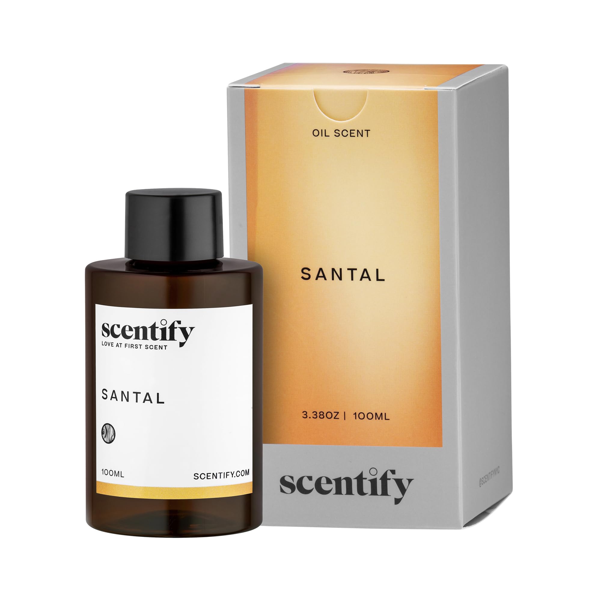 Scentify Santal Aroma Oil refill bottle with 100ml of iris sandalwood essential oil, featuring a clear glass container and white cap.