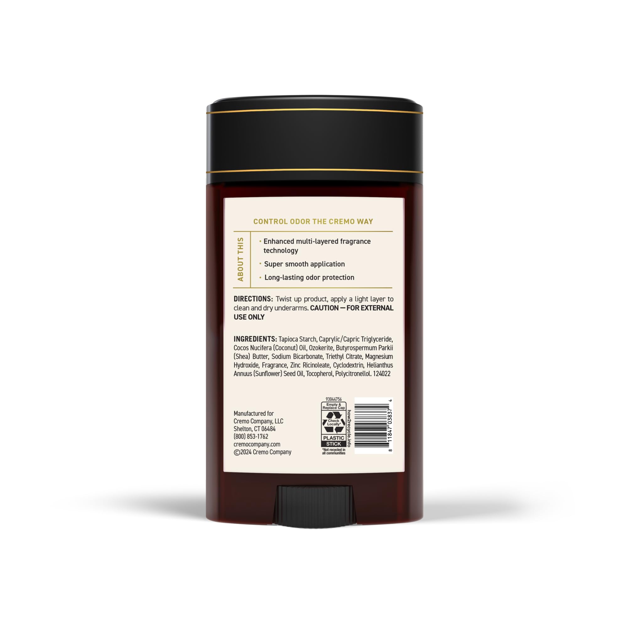Cremo Italian Bergamot aluminum-free men's deodorant stick showing the deodorant product with packaging.