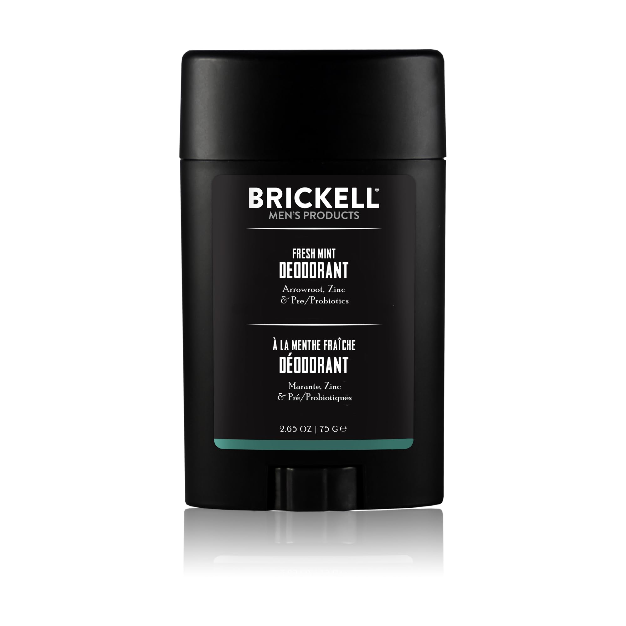 Brickell Men's Products Fresh Mint deodorant stick, aluminum and alcohol-free, with arrowroot powder, olive oil, and inulin.