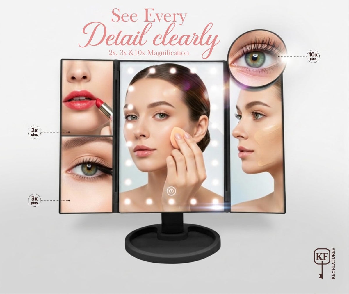 KEYFEATURES Lighted Makeup Mirror, Trifold Vanity Mirror with 22 LED Lights, 2x/3x/10x Magnification, Touch Dimming, USB