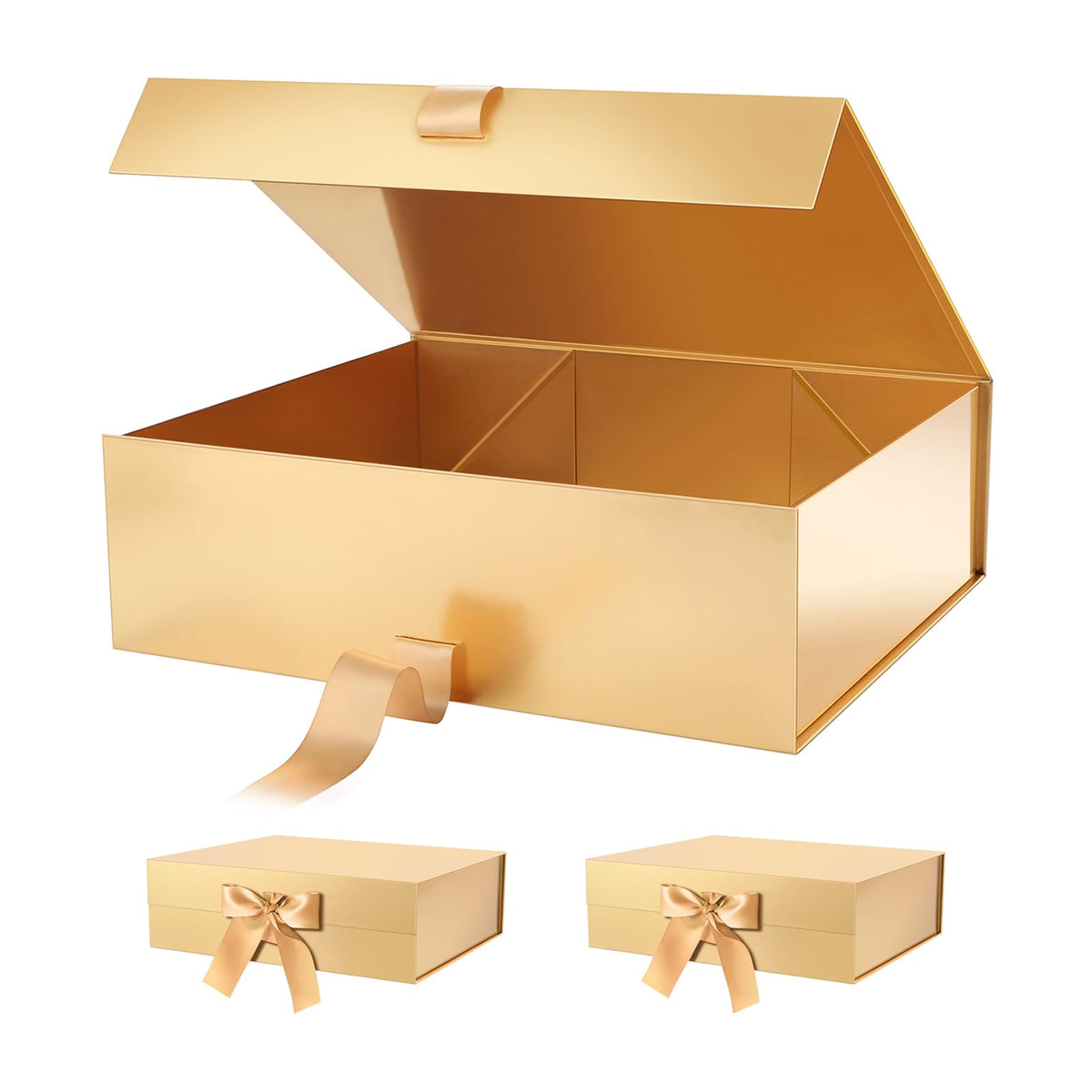 3 Extra Large Gold Gift Boxes Ribbon Magnetic Lids 17x14 5x5 - PACKHOME Official Imagery - 1