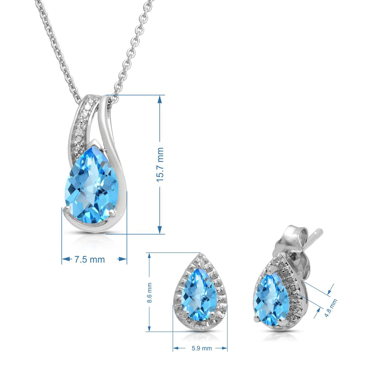 Jewelili Sterling Silver Blue Topaz Pear with Diamond Pendant, Necklace and Earrings Box Set – packaging and label
