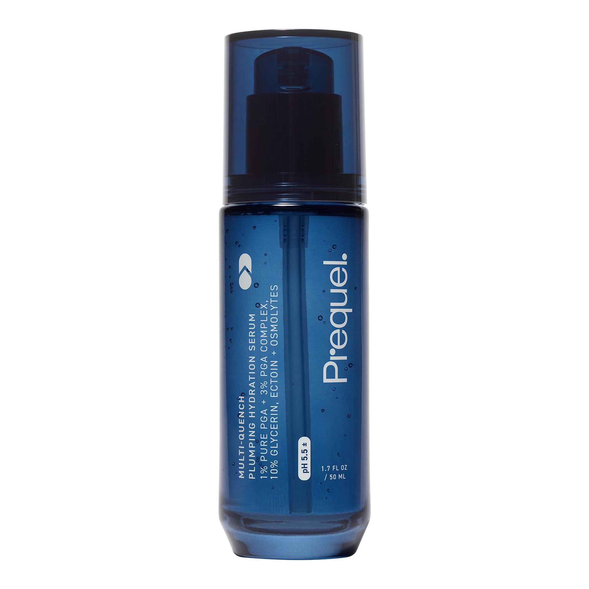 Prequel Multi Quench Hydration Skin Serum with PGA Complex for dry skin, featuring a sleek bottle and dropper applicator.