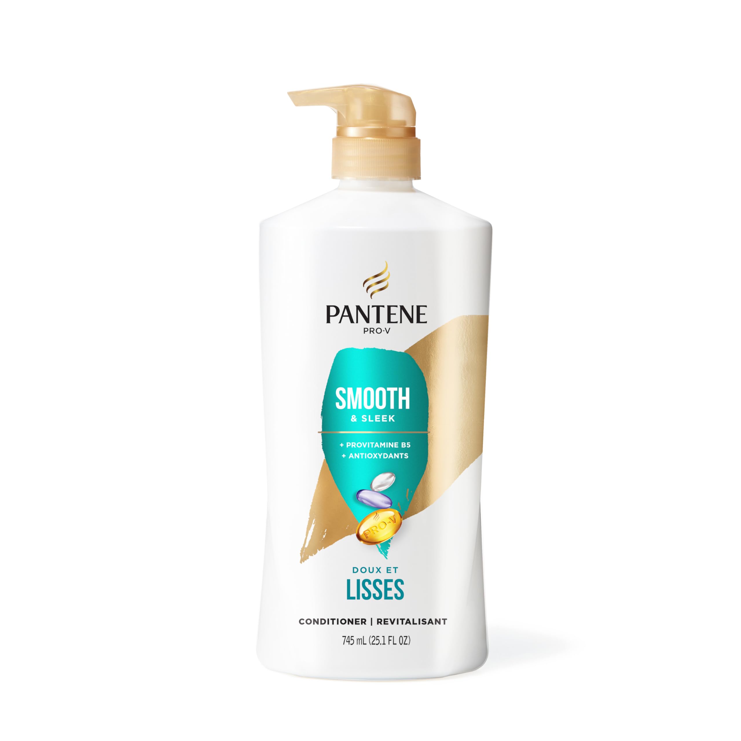 Pantene Smooth & Sleek shampoo and conditioner set, 52.8 oz bottles, for shiny, manageable hair.