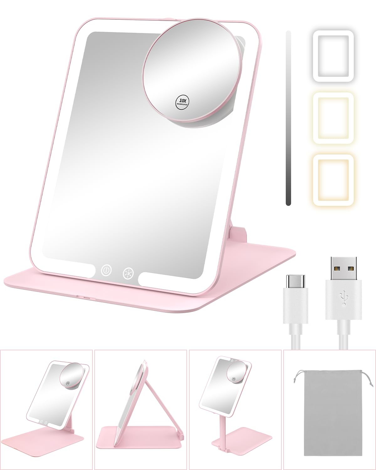 Gospire Travel Makeup Mirror with Lights and Magnification 10X, Pink – product photo (Makeup Mirrors)