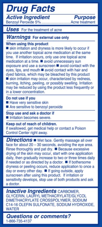 Differin Acne Face Wash with 5% Benzoyl Peroxide, daily skin cleanser in a 4oz bottle for acne-prone skin.
