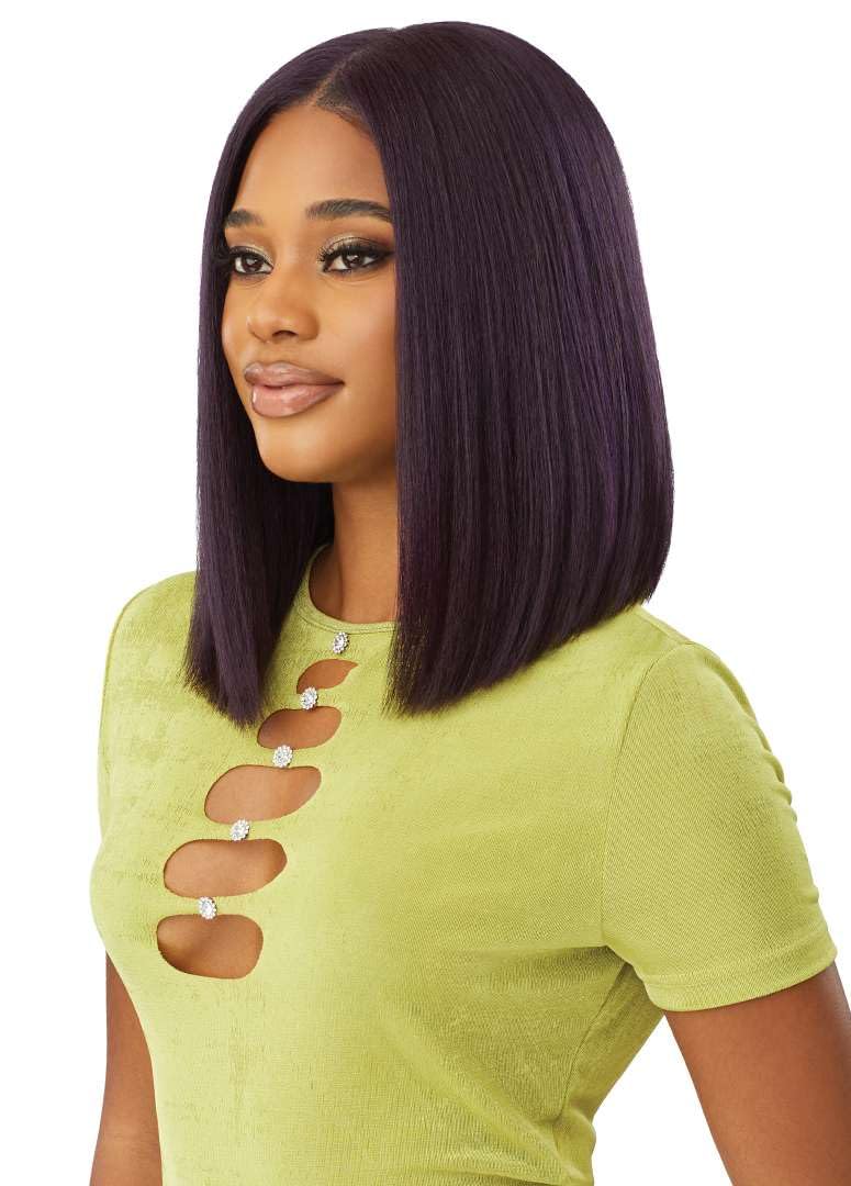 Outre 6X5 Pre-Cut Lace Closure Wig - Human Hair Blend - Yaki Straight Bob 14" (BLACK BERRY) – back view and specific