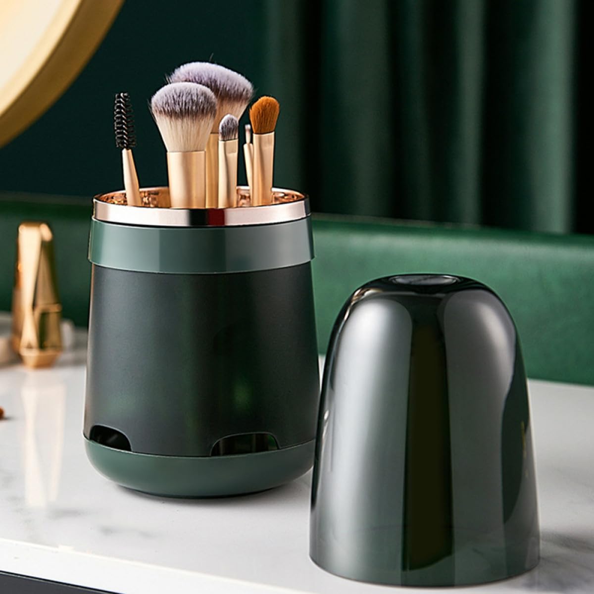 Round GOOHOCHY makeup brush holder organizer with ventilated dustproof design, portable for travel and vanity storage.