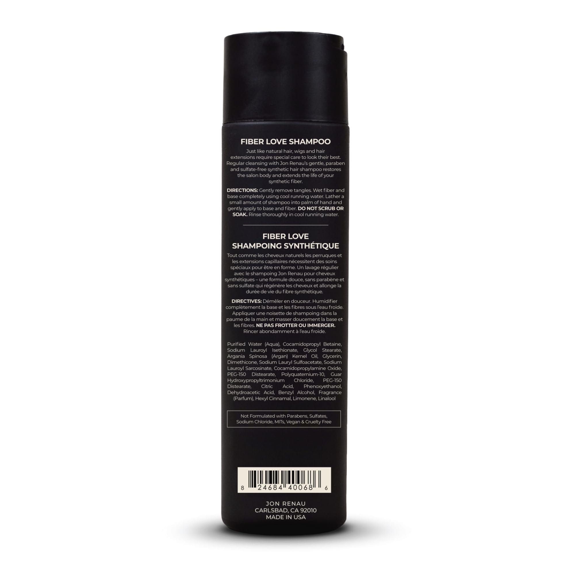 Jon Renau sulfate-free wig shampoo for synthetic hair, shown in a clear bottle with a pump dispenser.