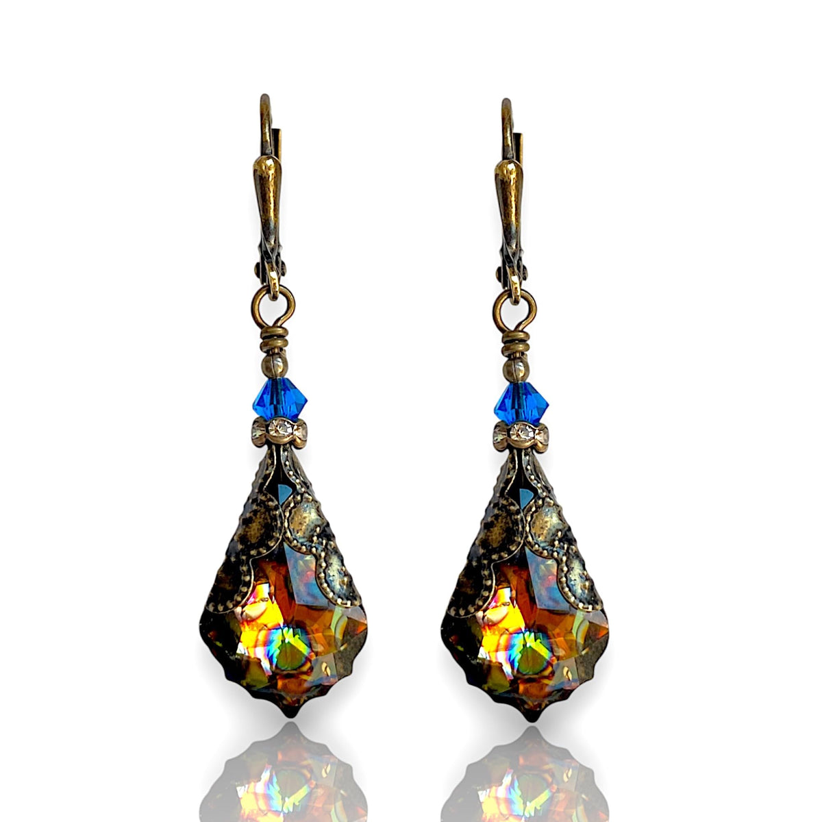 HisJewelsCreations Antique Inspired Vintage Victorian Dangle Drop Earrings for Women - Colored Austrian Crystal Leverbac