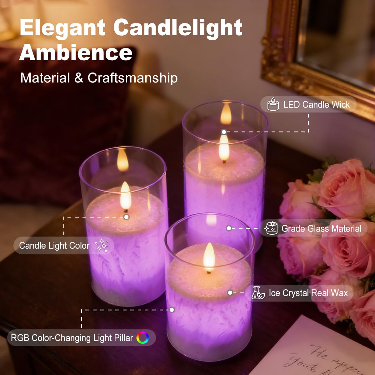 LEDHOLYT Clear Crystal Glass Rechargeable LED Flickering Flameless Candles – RGB (Red, Green, Blue), B10