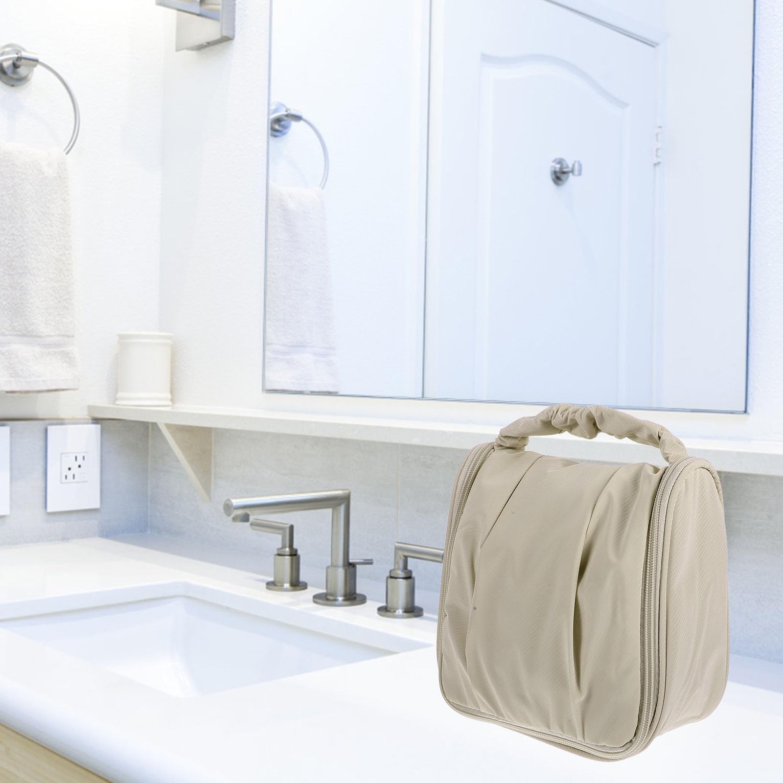 Large beige TOVINANNA travel toiletry bag with handle, waterproof cosmetic organizer for women, ideal for outdoor use.