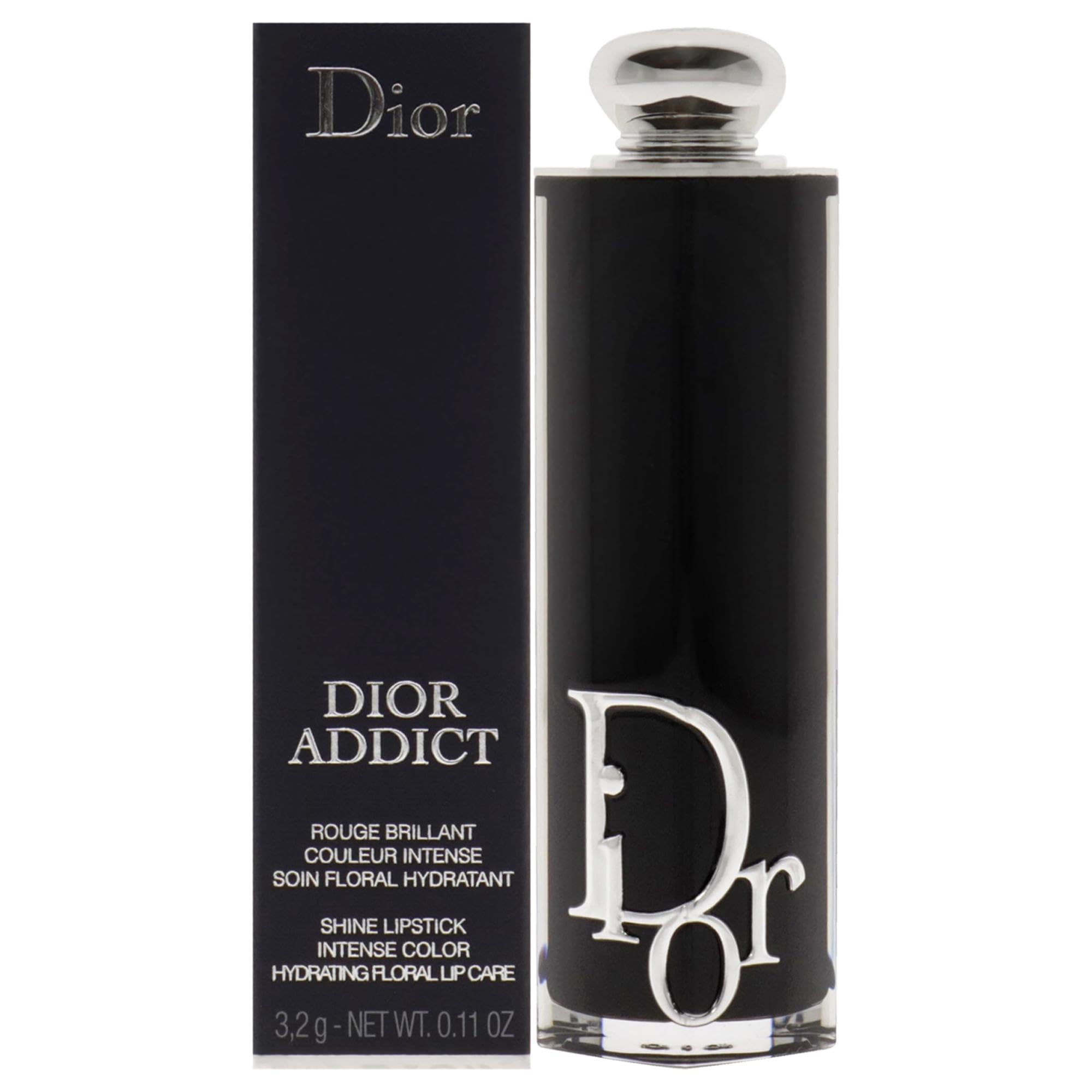 Dior Addict Hydrating Shine Lipstick refill in 0.11 oz with glossy pink lip color and gold packaging, showcasing the lip color and product details.