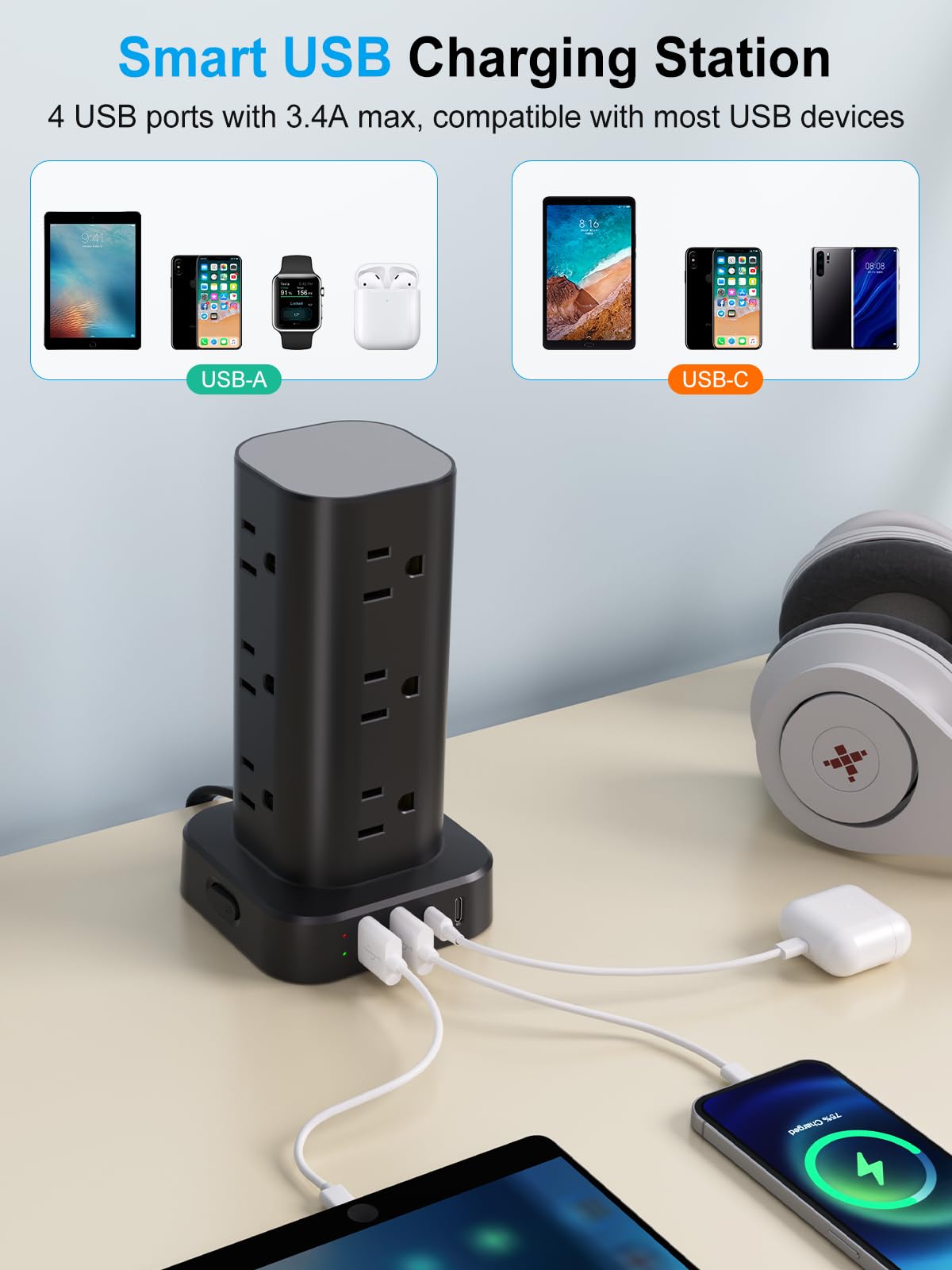 UWIWUTEI 6FT Power Strip Tower with Wireless Charger,Surge Protector with 12 Outlets – packaging and label