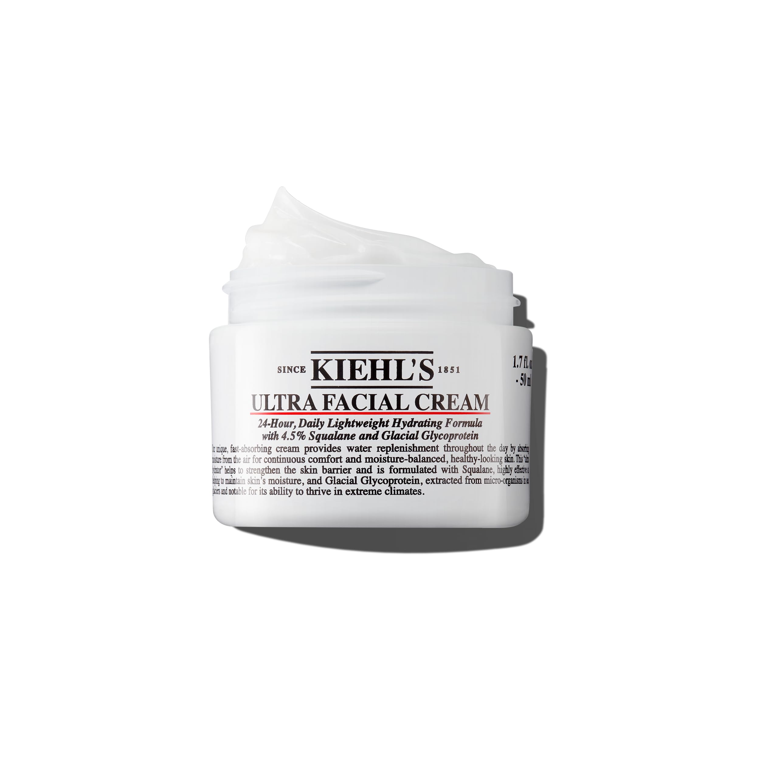 Kiehl's Ultra Facial Cream moisturizer with 72-hour hydration, suitable for all skin types, in a white jar with a blue lid.