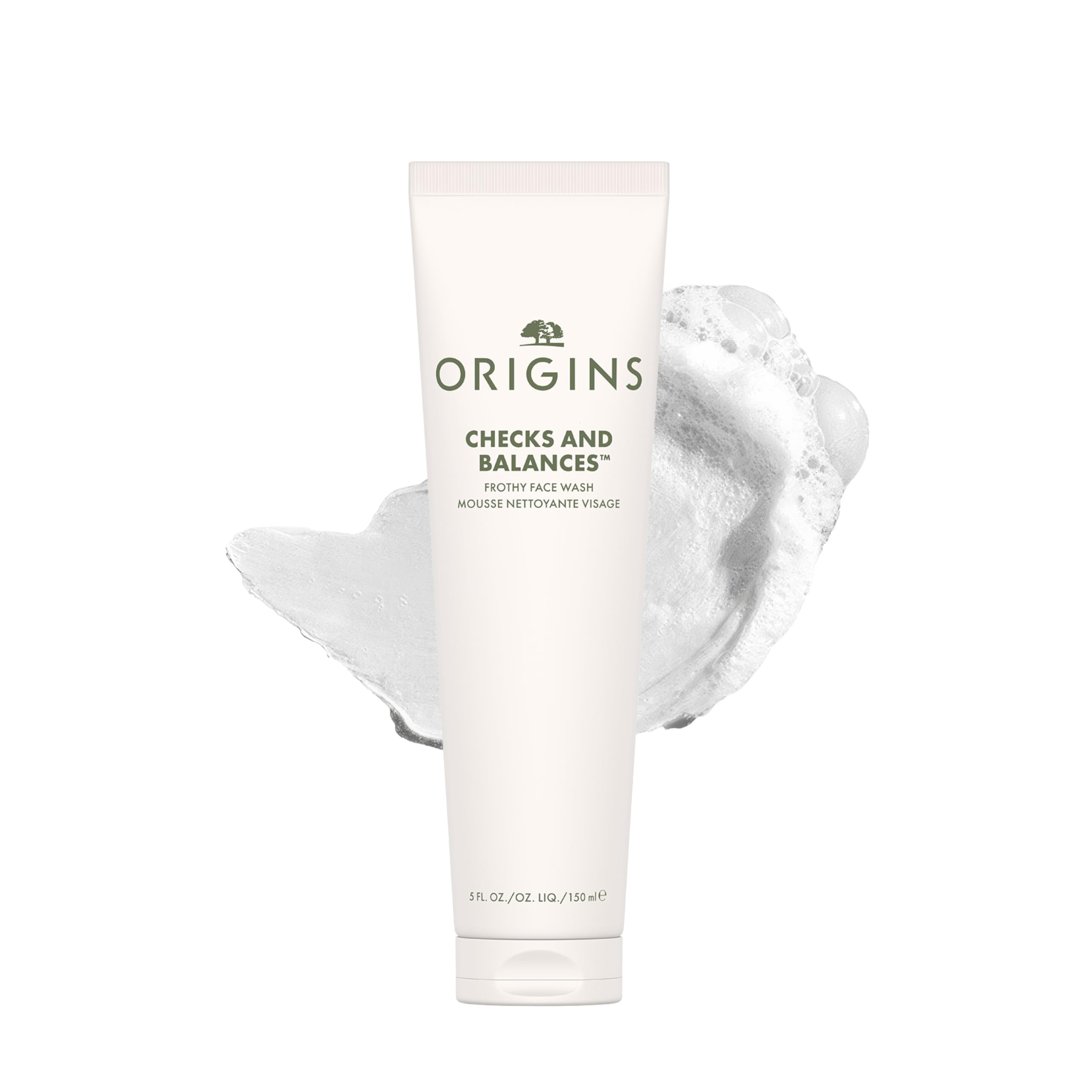Origins Checks and Balances face wash in a 5 fl oz bottle, gentle cleanser with mint for all skin types, suitable for men and women.