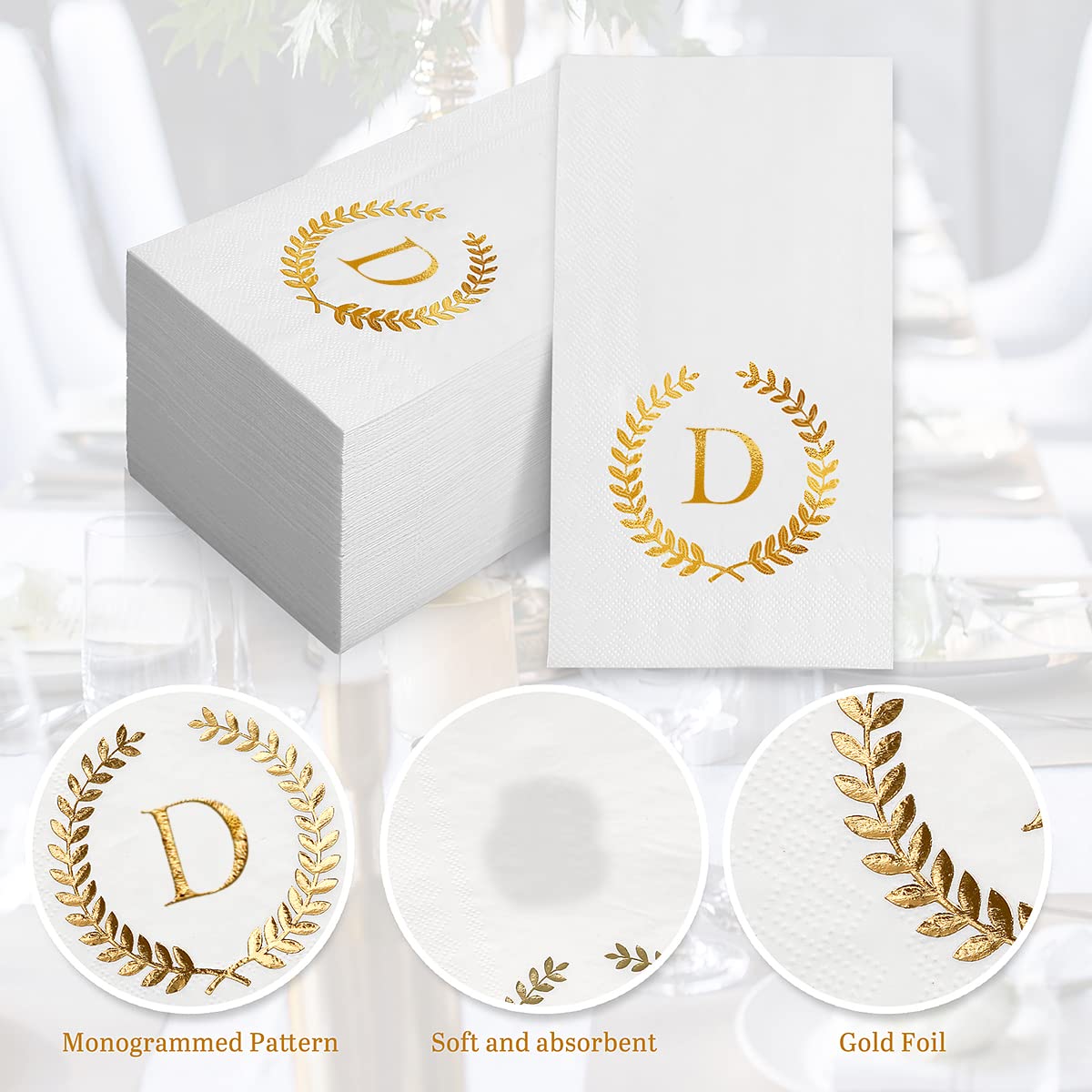 Datyiiha 200 Pack Monogrammed Disposable Napkins Gold Foil Letter D Guest Napkins Initial Disposable Hand Paper Towels f