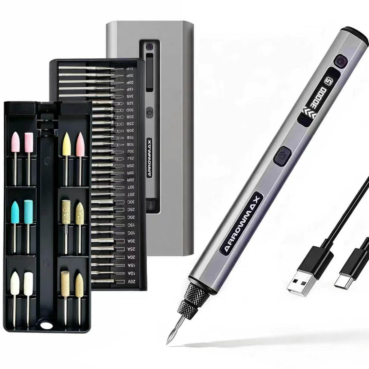 ARROWMAX 5-Speed Engraving Pen for Metal Wood Glass Plastic with OLED – Grey