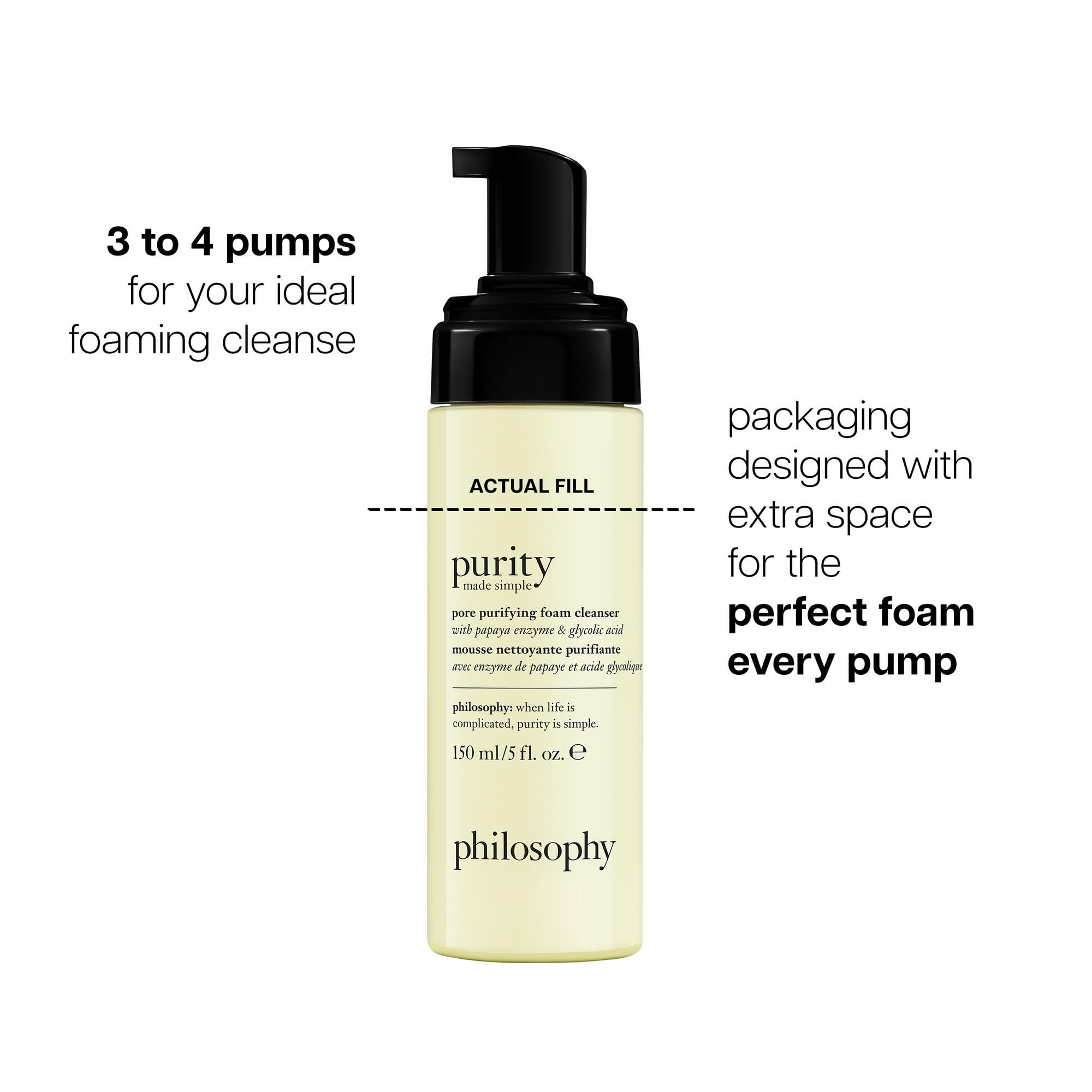 Philosophy Purity Made Simple pore purifying facial cleanser with papaya enzyme and glycolic acid, 5 fl oz, for deep pore cleansing.