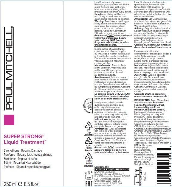 Paul Mitchell Super Strong Liquid Treatment conditioner in a bottle, designed to strengthen and repair damaged hair.