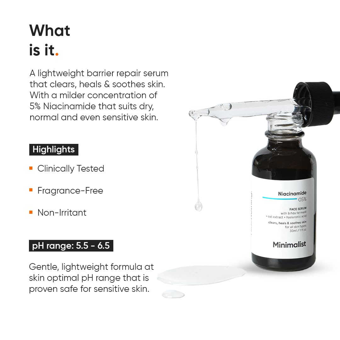 Minimalist 5% Niacinamide Face Serum with Hyaluronic Acid for Clear Skin | Reduces Blemishes/Acne Marks, Pore minimizer, Repairs & Soothes skin | For Women & Men | 1 Fl Oz / 30 ml