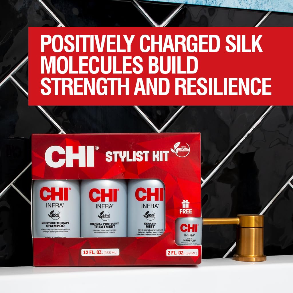 CHI Home Stylist Kit with Infra 4-piece hair care set including hair cleaner and conditioner, styled for healthy, shiny hair.