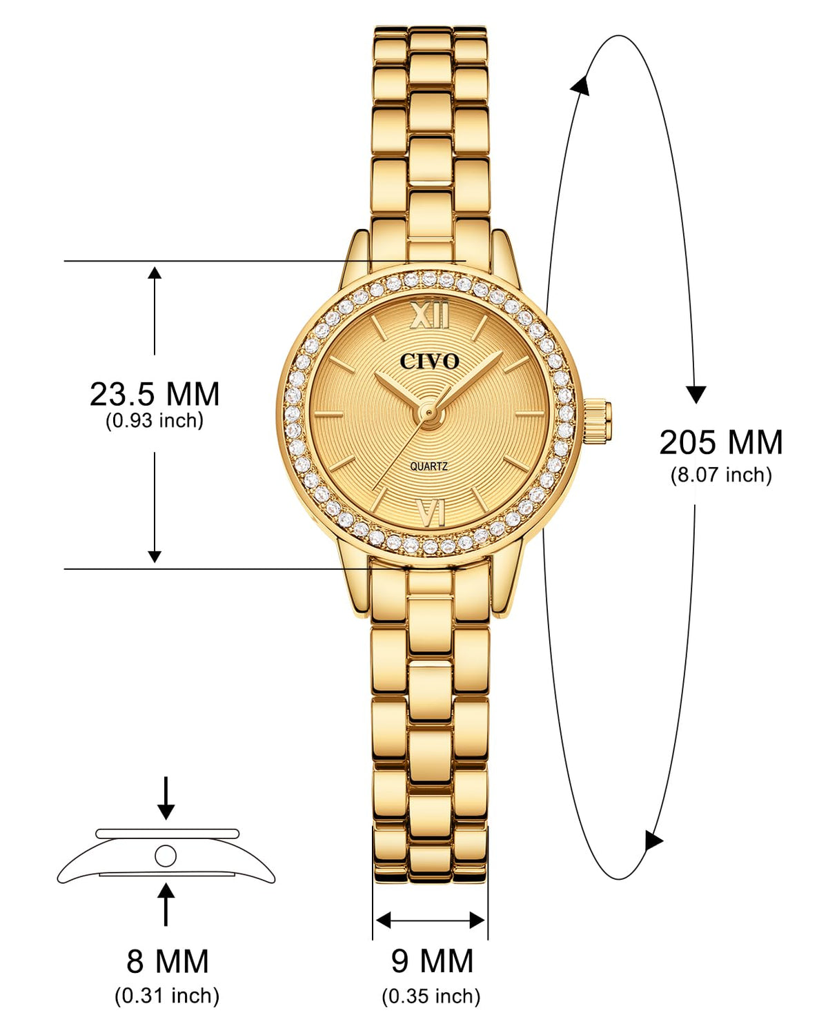CIVO Small Gold Watches for Women: Luxury Dainty Diamond Chic Ladies Watch – back view and specifications