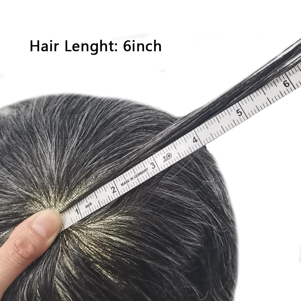 Curve Hair men's toupee wig in off black with gray, 8x10 inches, human hair, monofilament base, durable poly coating for replacement.