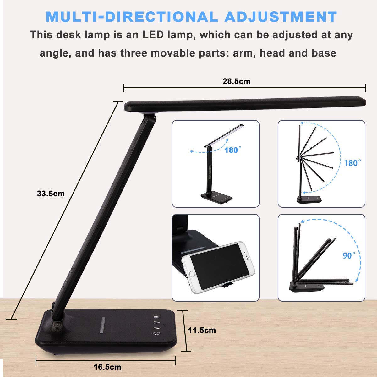 XIZDDL LED Desk Lamp with Wireless Charger, Suitable for Home, Office Dimmable, with USB Charging Port, Built-in Clock, 