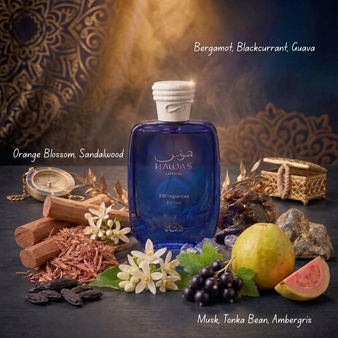 RASASI Hawas Sapphire EDP spray, 100ml, showcasing the elegant perfume bottle for personal fragrance.