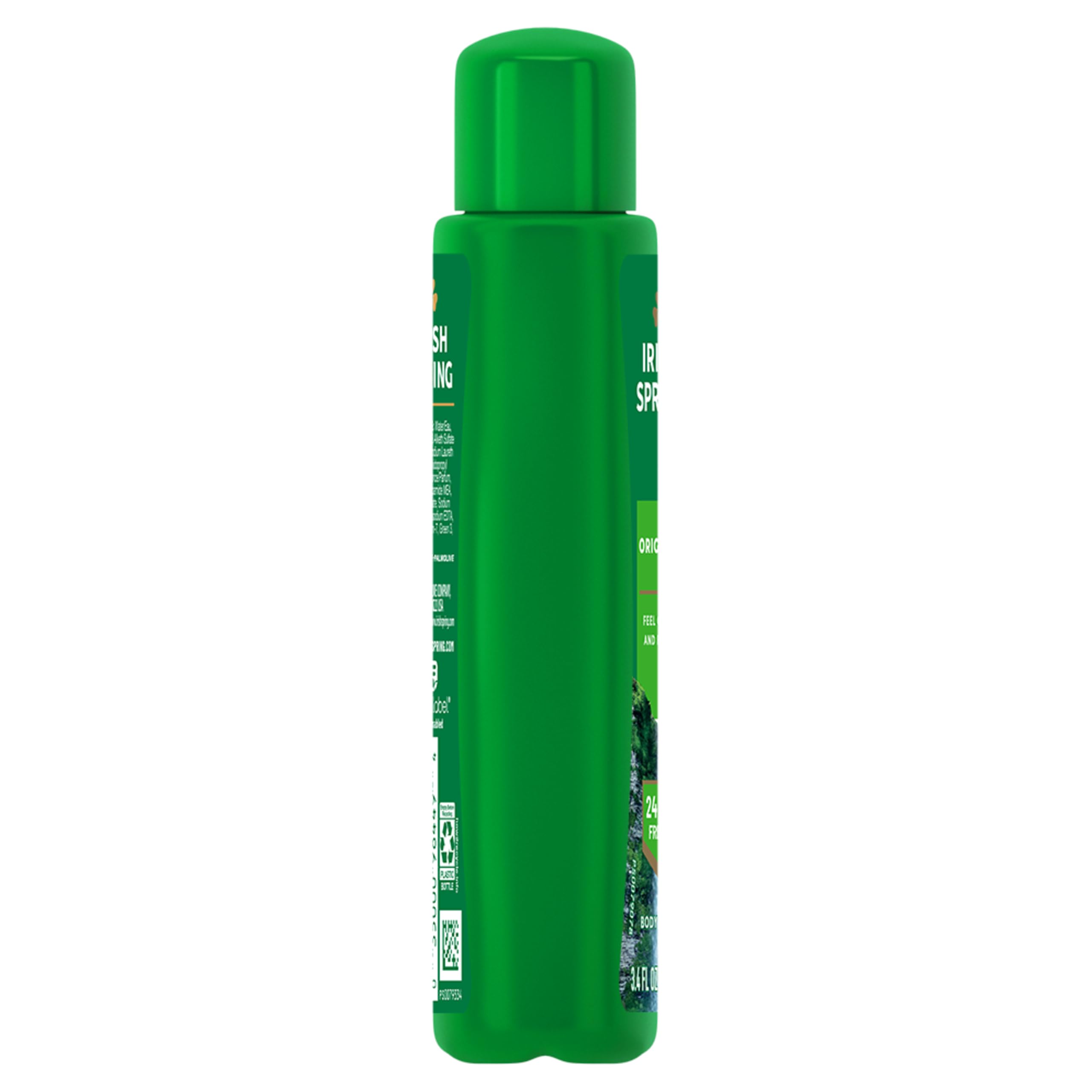 Irish Spring Original Body Wash for Men with cool fresh scent in a 3.4 fl oz bottle, a skin cleaning agent for everyday use.