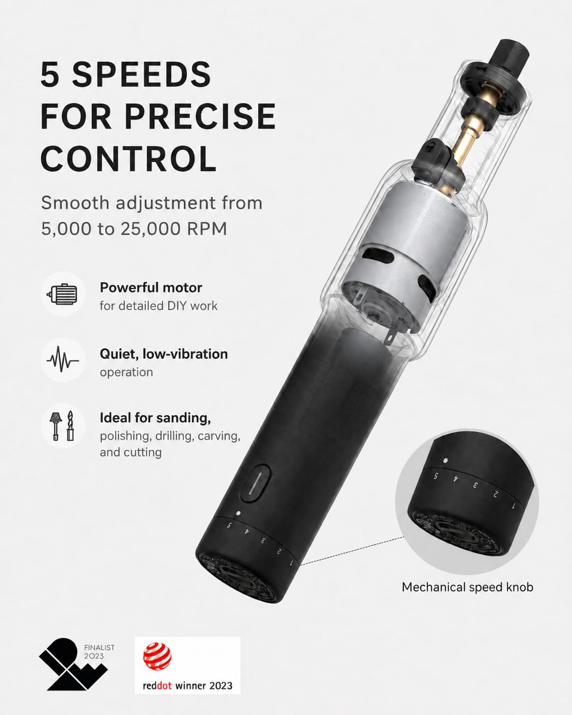 HOTO Cordless Rotary Tool Kit, 5-Speed for 3D Printer Sanding & DIY – Dark Grey