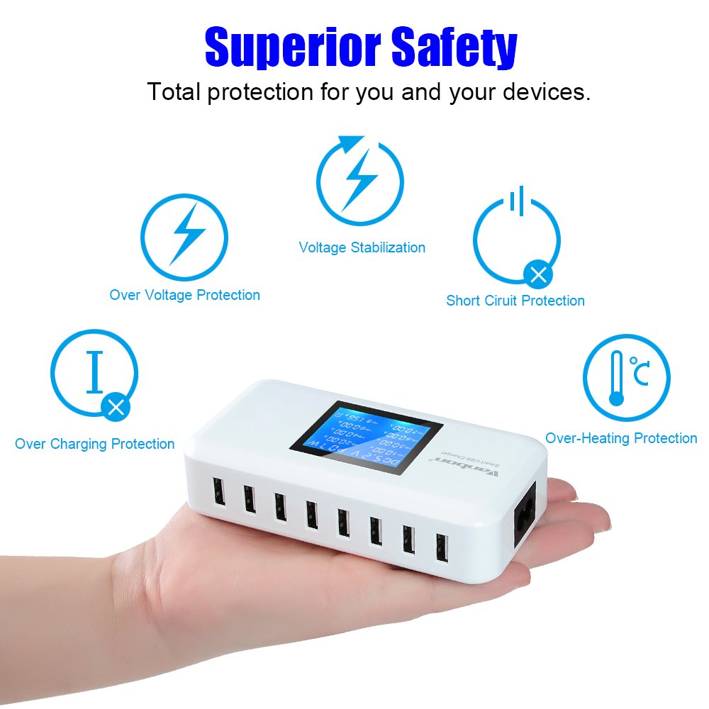 veebon 60W/12A 8-Port Desktop Charging Station Multiple USB, Multi Port Travel Fast Wall Charger Hub with LCD for Smart 