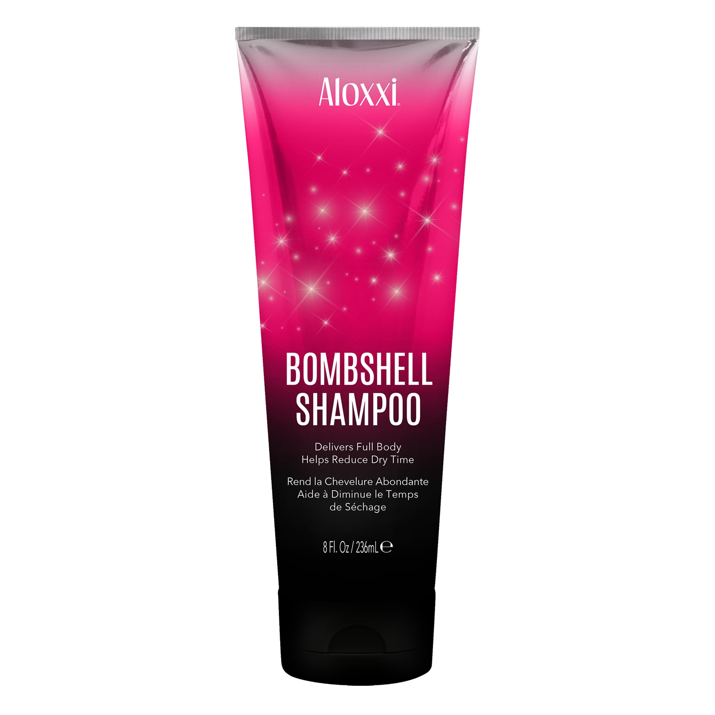 ALLOXXI Bombshell Shampoo for all hair types with red bottle, adds volume, reduces drying time, and protects hair color.