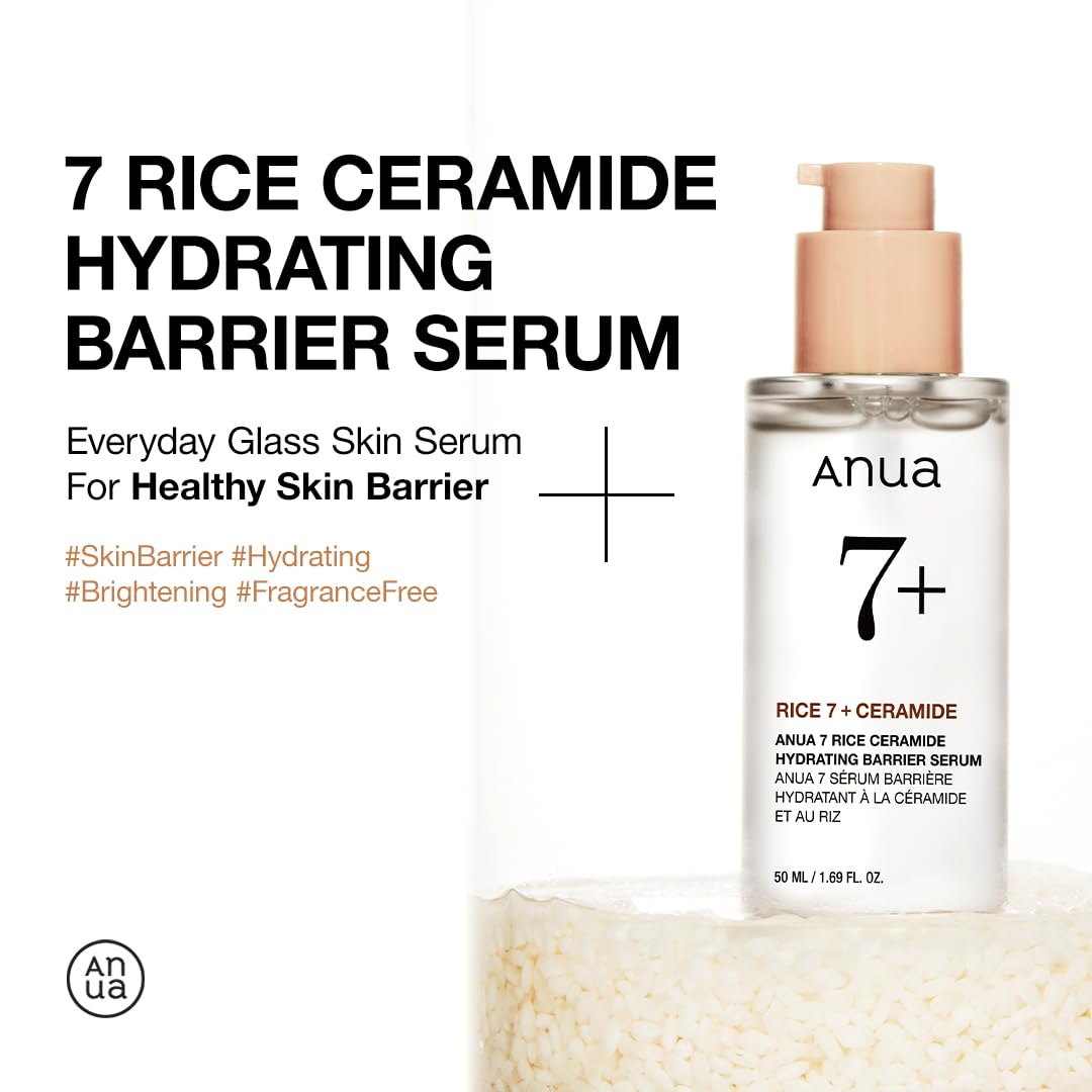 ANUA Rice Ceramide 7 Hydrating Barrier Serum in a 1.69 fl oz bottle, showcasing its sleek packaging and clear labeling.