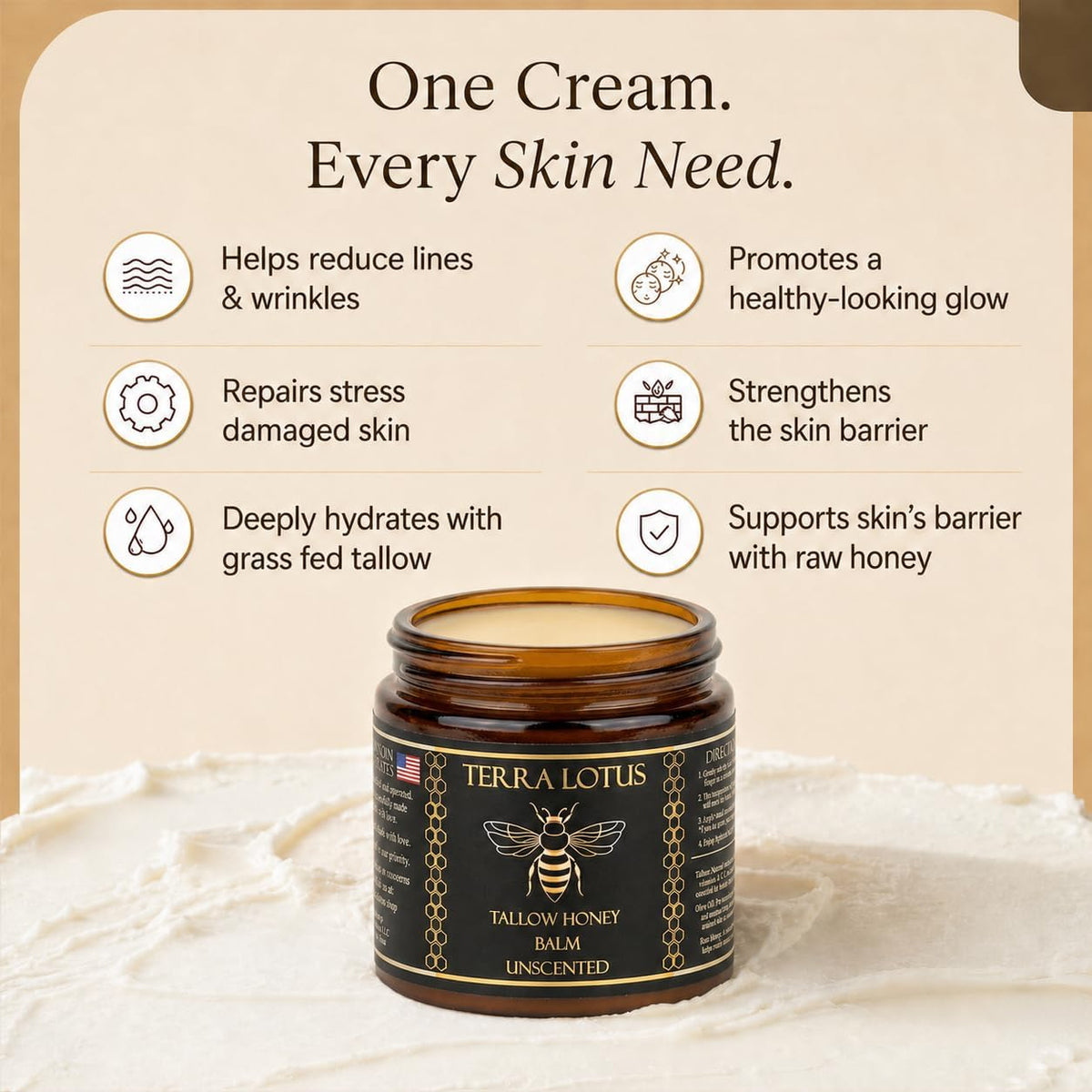 Terra Lotus - Organic Grass-Fed Beef Tallow Balm with Raw Honey - Moisturizing Cream - Handmade All-Natural Moisturizer 