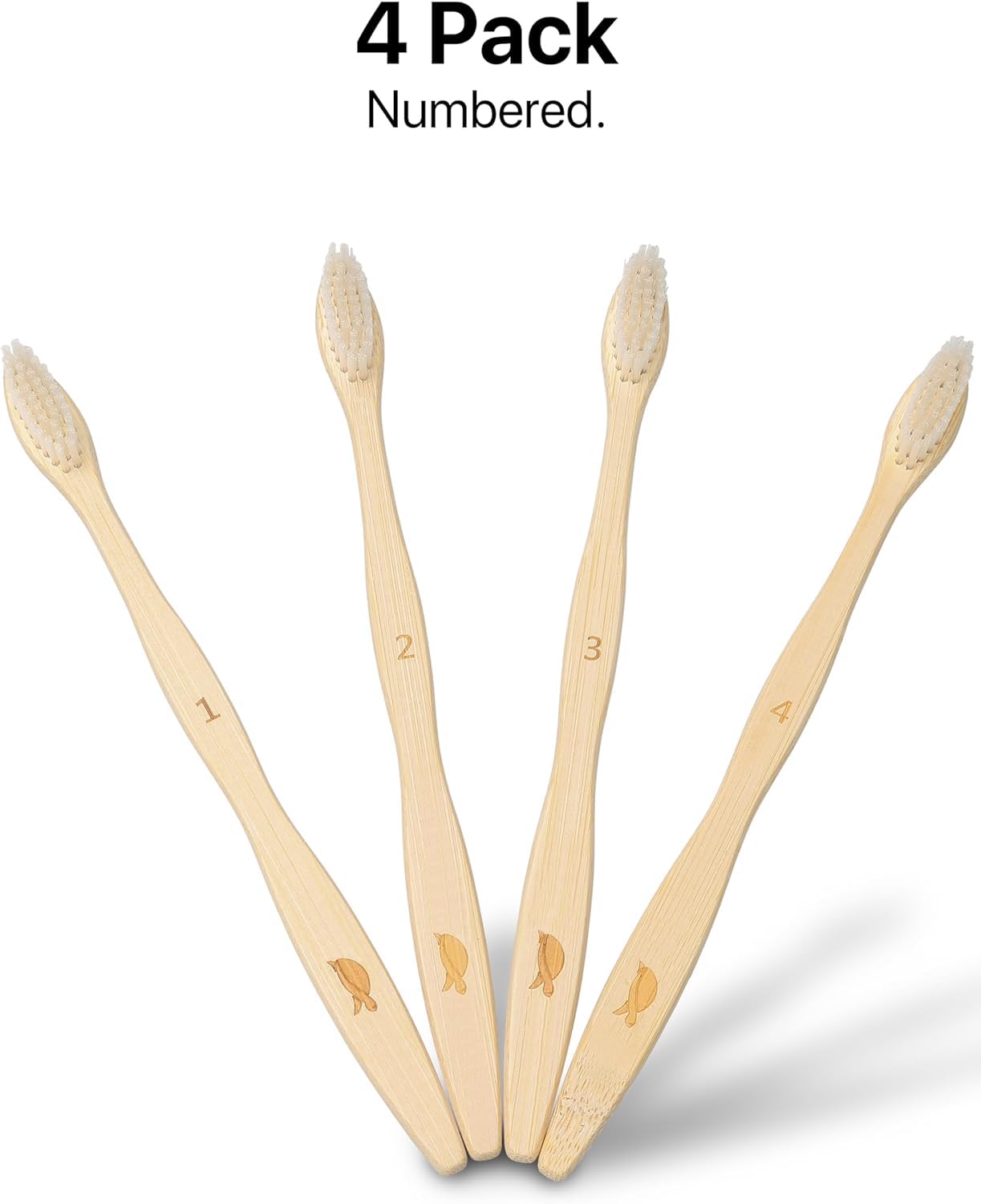 Sea Turtle bamboo toothbrush with soft plant-based bristles, shown in a 4-pack, eco-friendly dental care product.