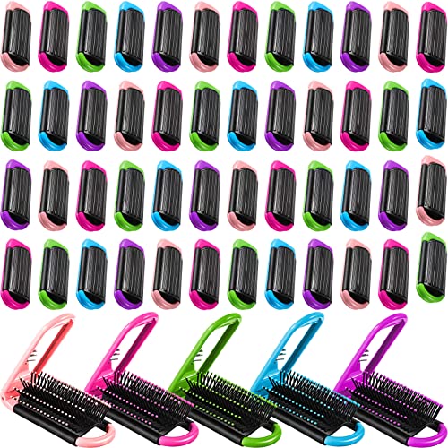 Nuogo 50 Pcs Travel Hair Brushes with Mirror, Foldable Portable Travel – Blue,Green,Pink,Purple,Red, Plastic
