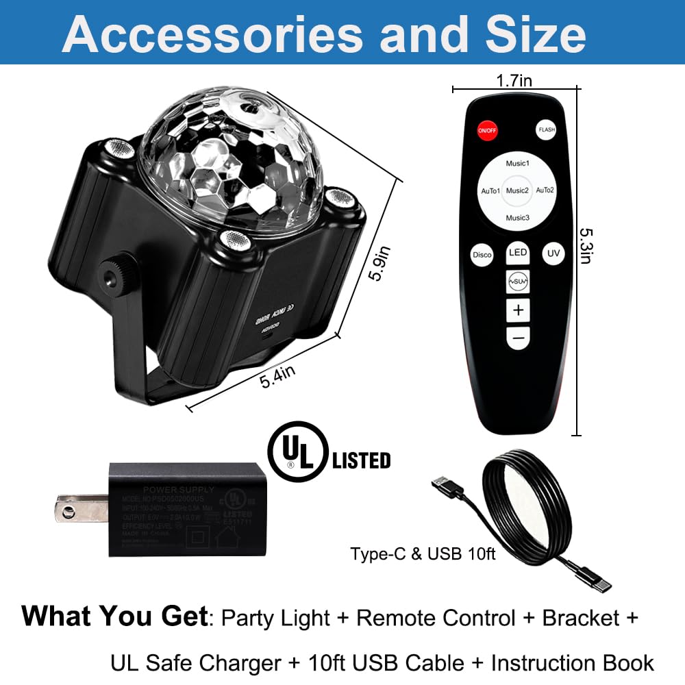 KBJ Disco Ball Party Lights, Disco Ball Decor Disco Light Sound Activated with Remote Control Dj Lights for Outdoors and