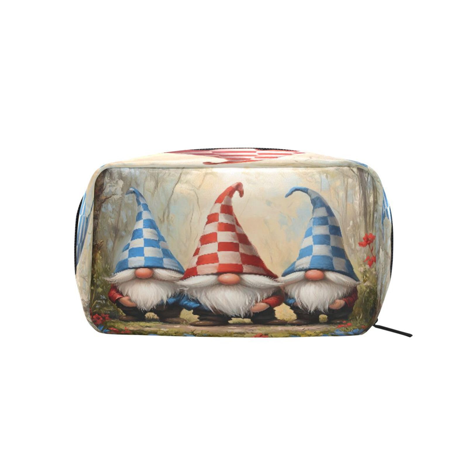 JUZIHAI spring forest gnome makeup bag with 5 compartments, portable zipper cosmetic organizer for women.