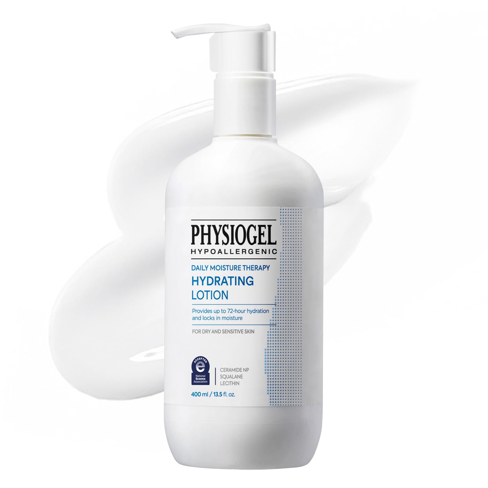 Physiogel Daily Moisture Therapy Body Lotion for dry skin in a 13.5 fl oz bottle, featuring a smooth, hydrating texture.