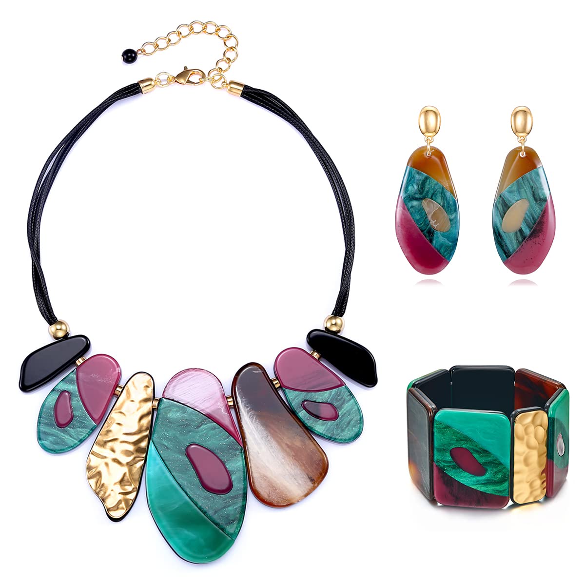 MUYAN Statement Acrylic Jewelry Set for Women, Big Bohemian Multicolor Bib Necklaces Bangle Bracelet Dangle Earrings Chu
