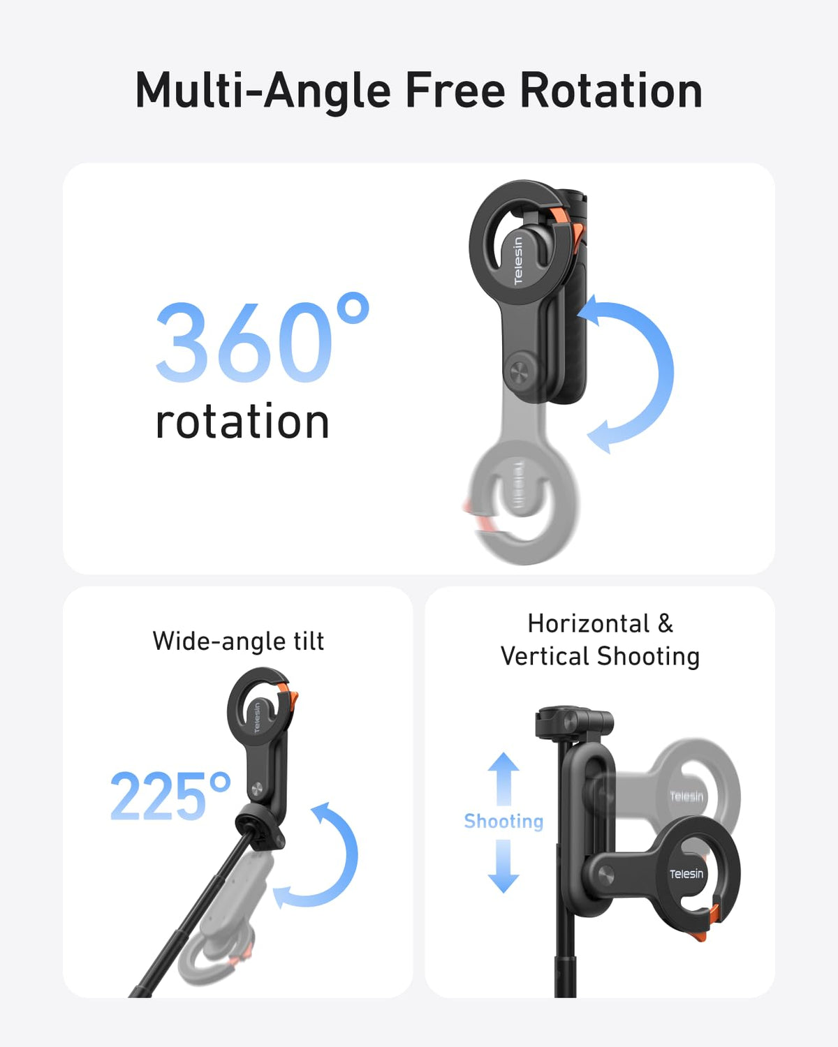 TELESIN Magnetic Mini Selfie Stick Tripod with Phone Camera Grip – full view