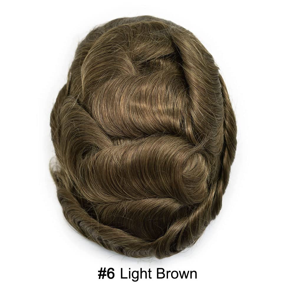 Curve Hair men's light brown human hair toupee with monofilament base, 8x10 inches, durable poly-coated men's hairpiece.