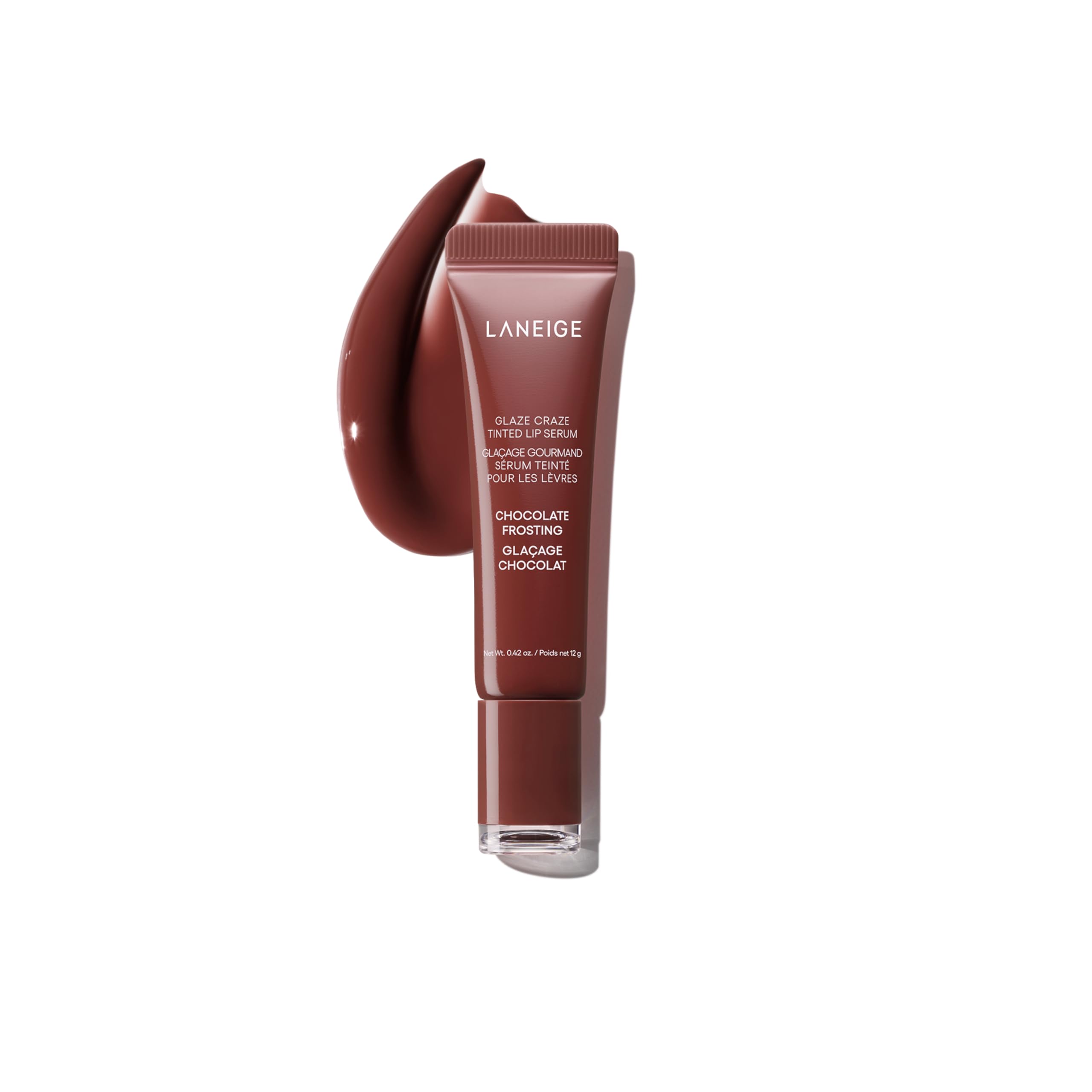 Laneige Glaze Craze tinted lip serum in chocolate frosting, showcasing glossy, softening lip color with buildable shine and hydrating formula.